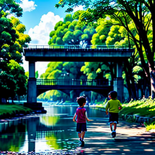 two children are walking down a path by a river under a bridge with a bridge in the background and a bridge over the water
