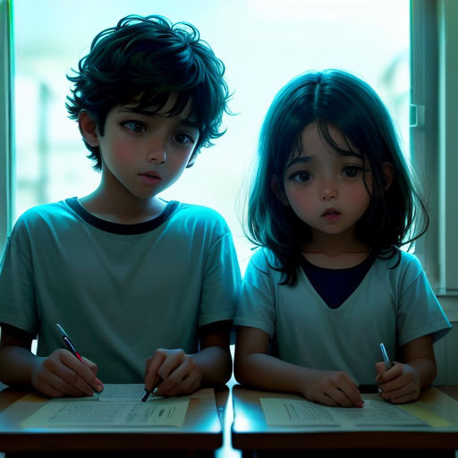 two children sitting at a table with a notebook and pen in their hands and a window in the background