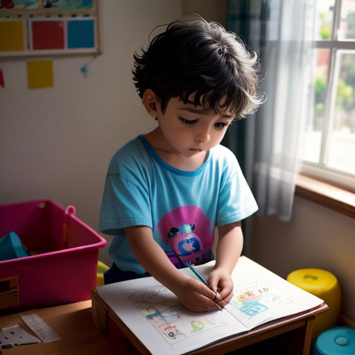 a young boy is sitting at a desk writing on a piece of paper with a pencil in his hand