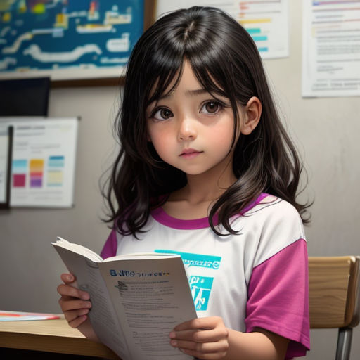 a little girl sitting at a desk reading a book with a smile on her face and a pink shirt