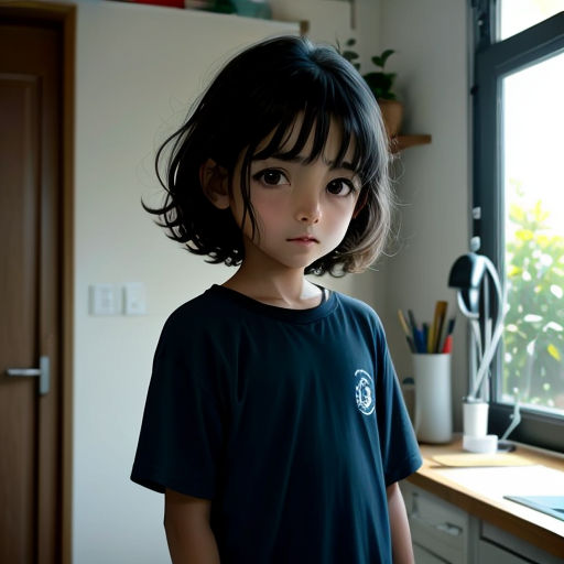 a young girl standing in front of a window in a kitchen with a laptop computer on the counter and a plant in the window