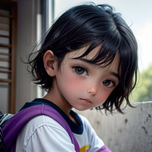 a young girl with a backpack looking at the camera with a serious look on her face and shoulder,