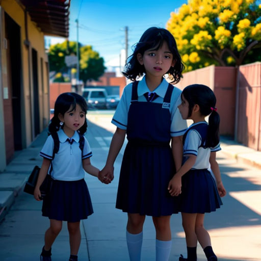 three young girls holding hands on a sidewalk in a school uniform, with a small girl in the foreground