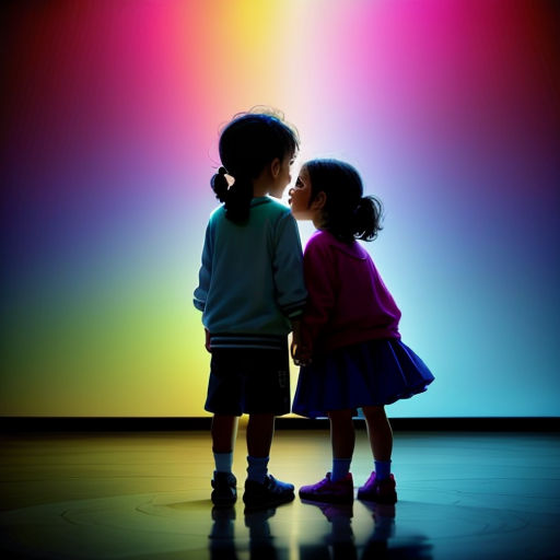 two children standing in front of a colorful background with a light shining on them and a rainbow colored wall behind them