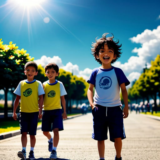 three young boys are standing on a skateboard on a street with the sun shining behind them and trees