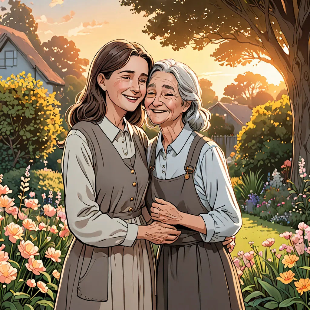 a painting of two women hugging each other in a garden with flowers and trees in the background and a sunset, a storybook illustration, official art, serial art, Byeon Sang-byeok
