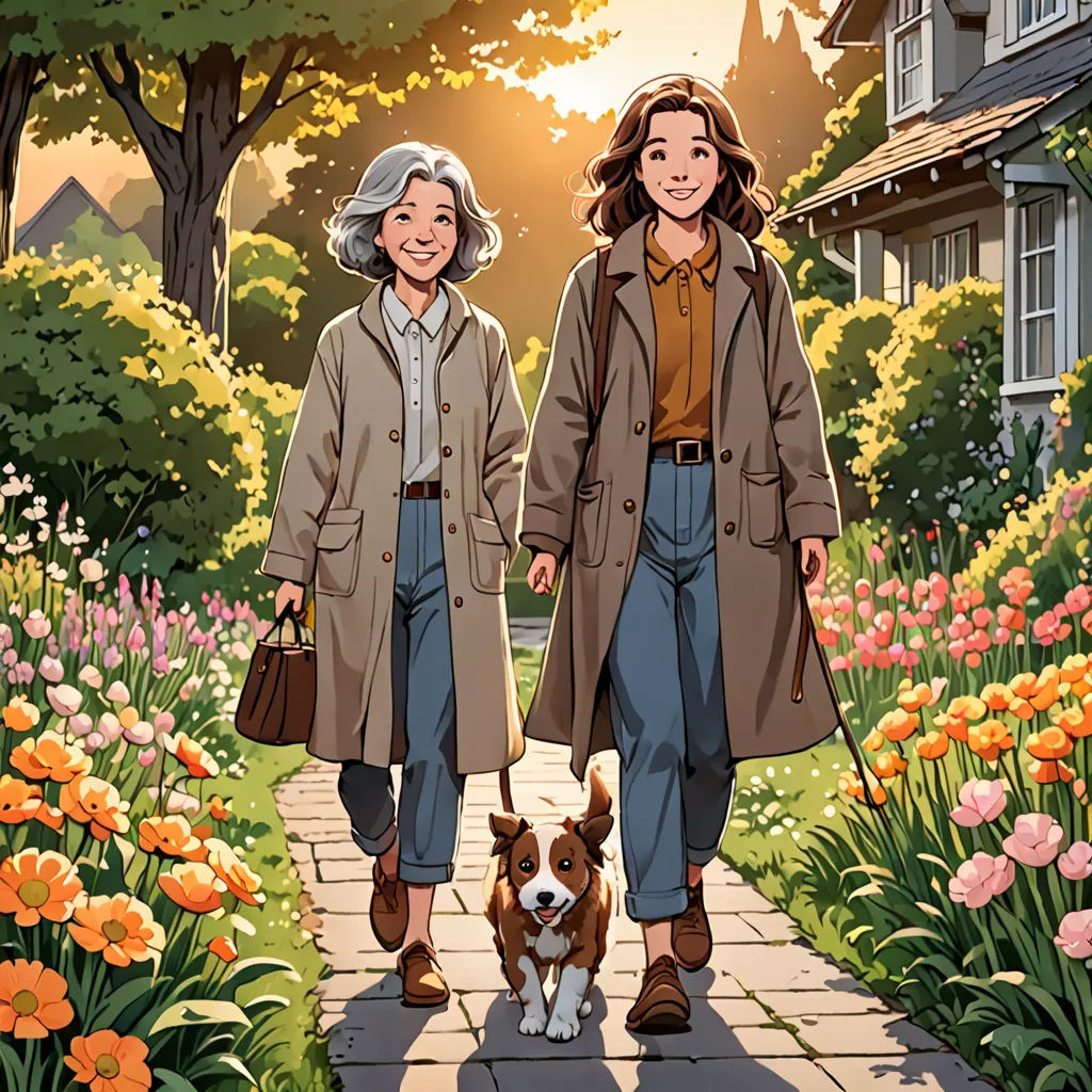 a couple of people walking a dog down a sidewalk next to a flower garden with flowers and trees in the background, a comic book panel, official art, lyco art, Colin Middleton