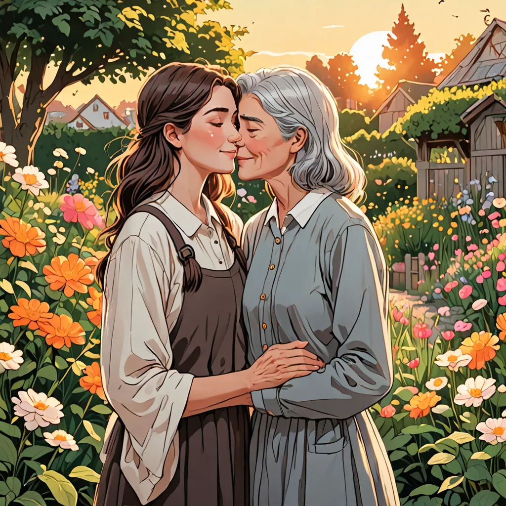 a painting of two women kissing in a garden of flowers with a sunset in the background and a house in the background, a storybook illustration, official art, private press, Asaf Hanuka
