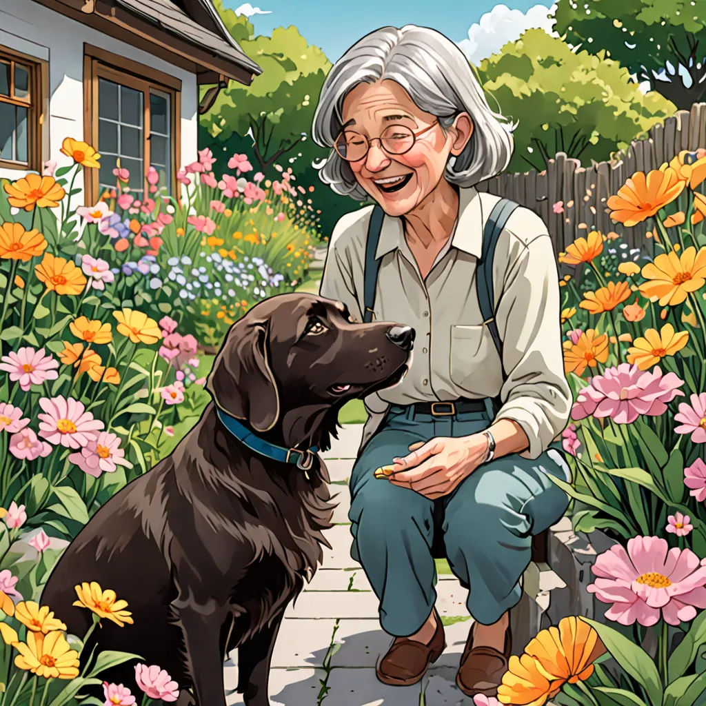 a woman kneeling down next to a black dog in a garden of flowers and flowers with a house in the background, a storybook illustration, official art, naive art, Elinor Proby Adams