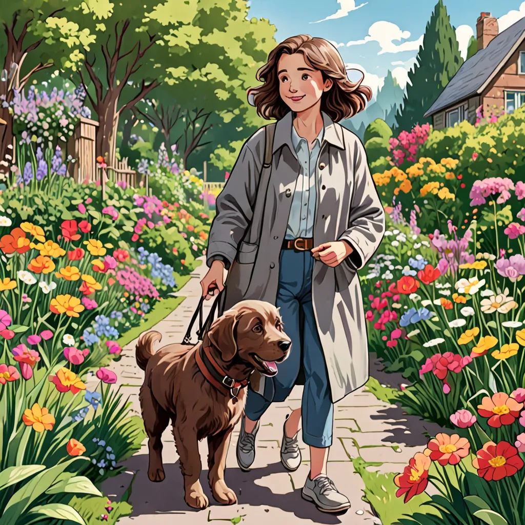 a woman walking a dog down a sidewalk in a garden filled with flowers and flowers, with a house in the background, a comic book panel, comic cover art, color field, Asaf Hanuka
