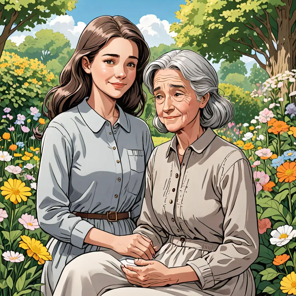a painting of two women sitting on a bench in a field of flowers and trees, one of them is holding the other's hand, a storybook illustration, comic cover art, serial art, Byeon Sang-byeok