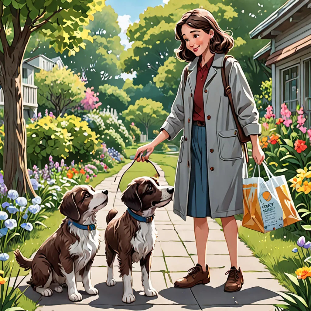 a woman is walking two dogs in a garden with flowers and a house in the background with a bag, a storybook illustration, kinkade, american scene painting, Colin Middleton