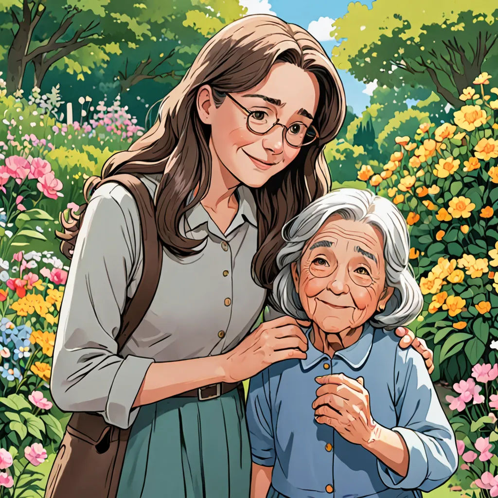 a woman is helping an elderly woman with her tie in a garden of flowers and trees, with a blue sky and white clouds, a storybook illustration, official art, magical realism, Byeon Sang-byeok