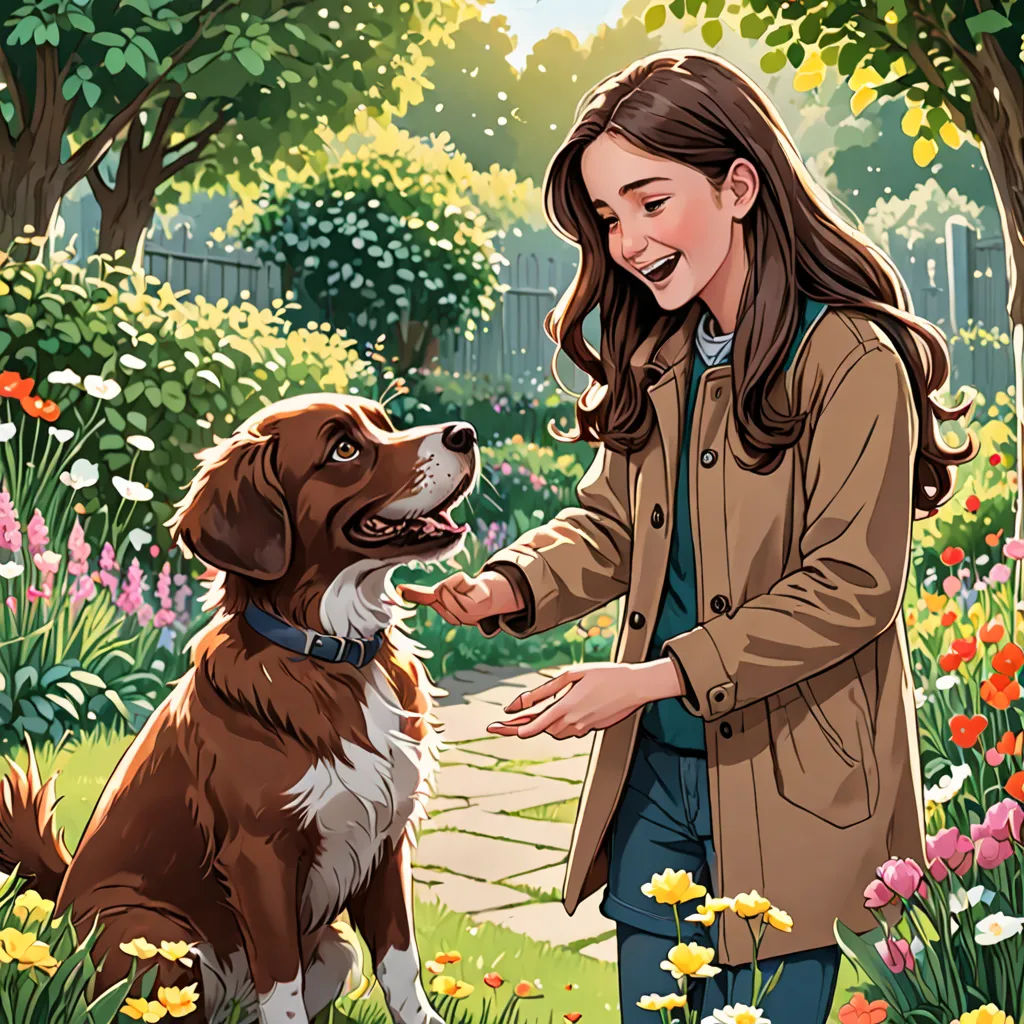 a woman petting a dog in a garden with flowers and trees in the background, and a dog looking at her, a comic book panel, official art, american scene painting, Colin Middleton