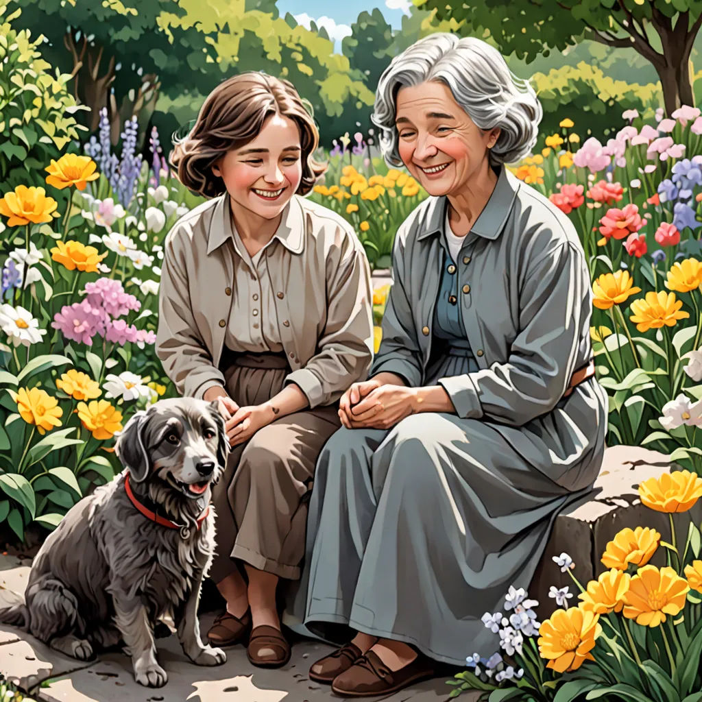 a painting of two women sitting next to a dog in a garden with flowers and trees in the background, a comic book panel, official art, american scene painting, Charles Ginner