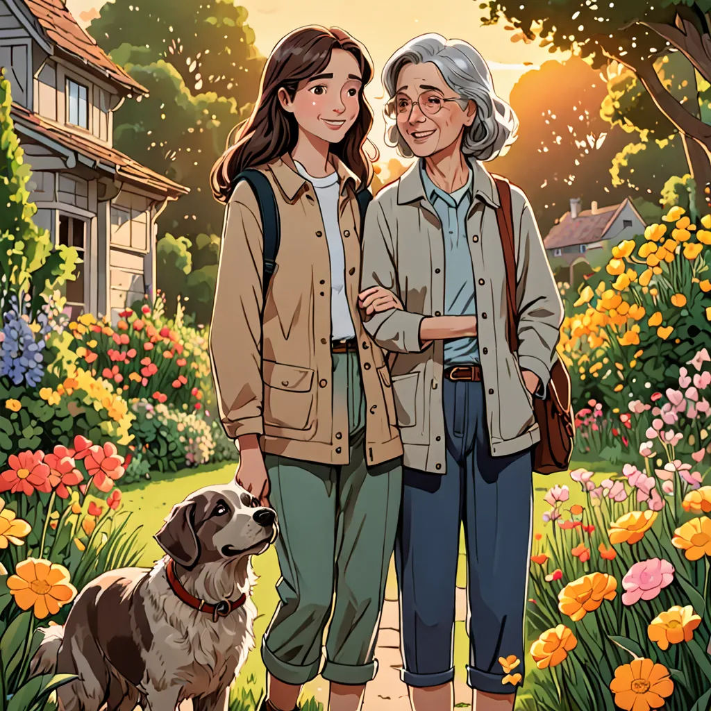 a couple of women standing next to a dog in a field of flowers and flowers with a house in the background, a comic book panel, comic cover art, serial art, Colin Middleton