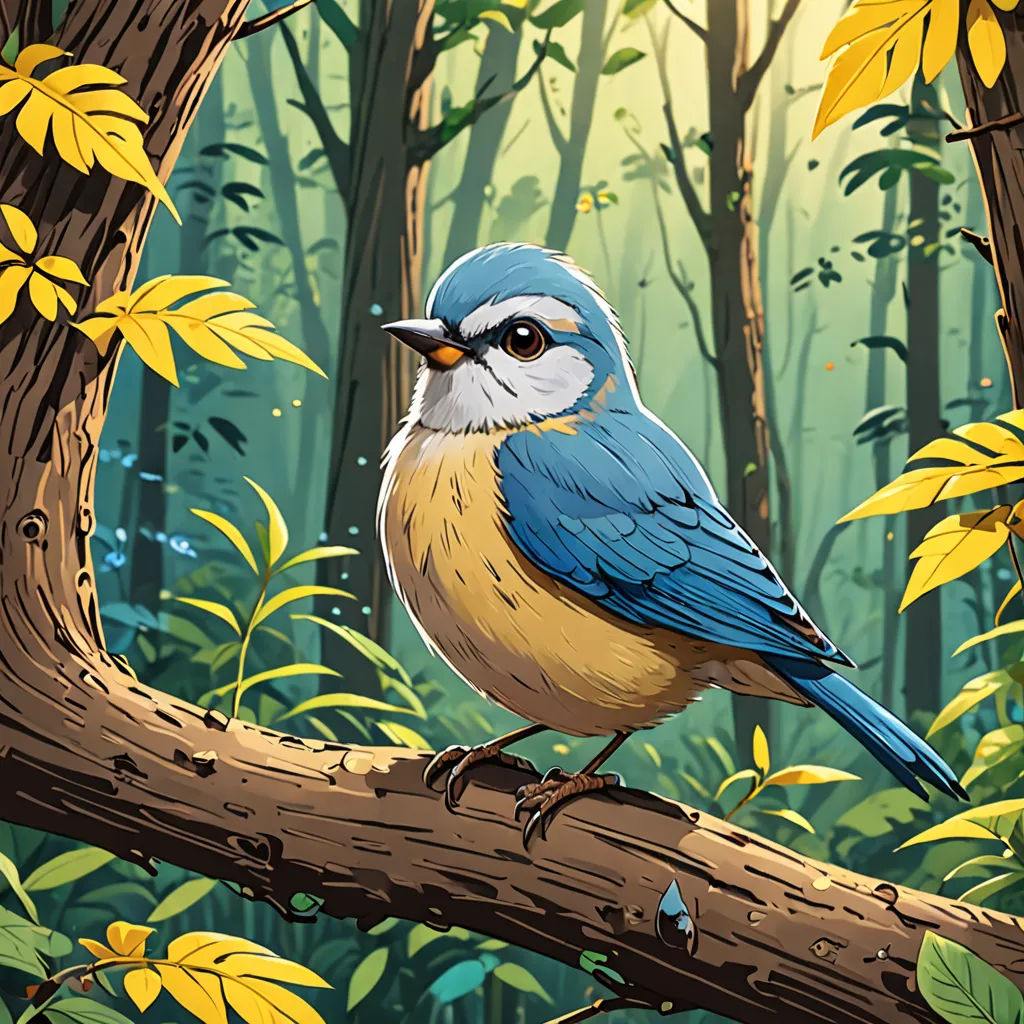 a bird sitting on a tree branch in a forest with yellow leaves and green foliages on the ground, american scene painting, a storybook illustration, Chris LaBrooy, josan gonzales and dan mumford