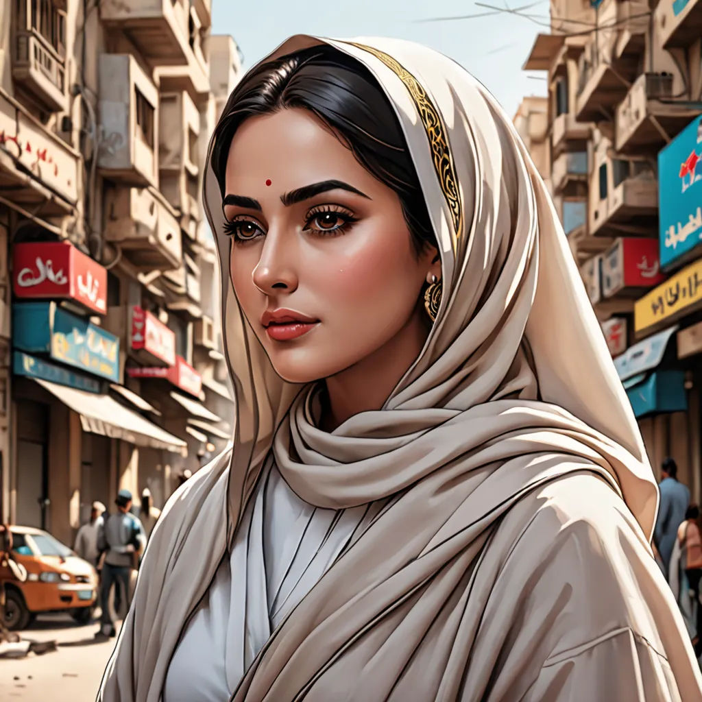 a woman in a headscarf is standing in the street with a car in the background and a man in the background, fantasy art, a digital painting, Amir Zand, highly detailed digital painting