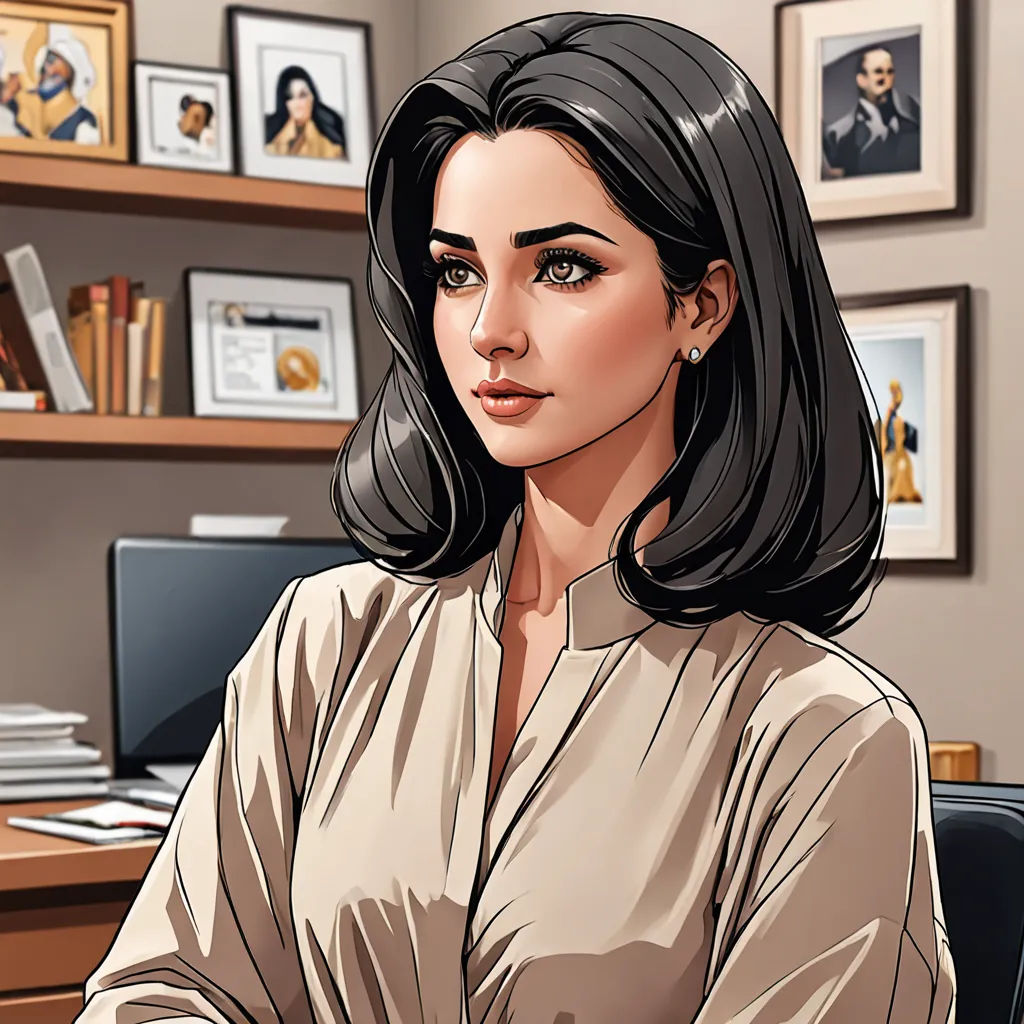 a woman sitting at a desk with a computer on it and a book shelf behind her, in a room with pictures on the wall, sots art, a character portrait, Elina Karimova, graphic novel