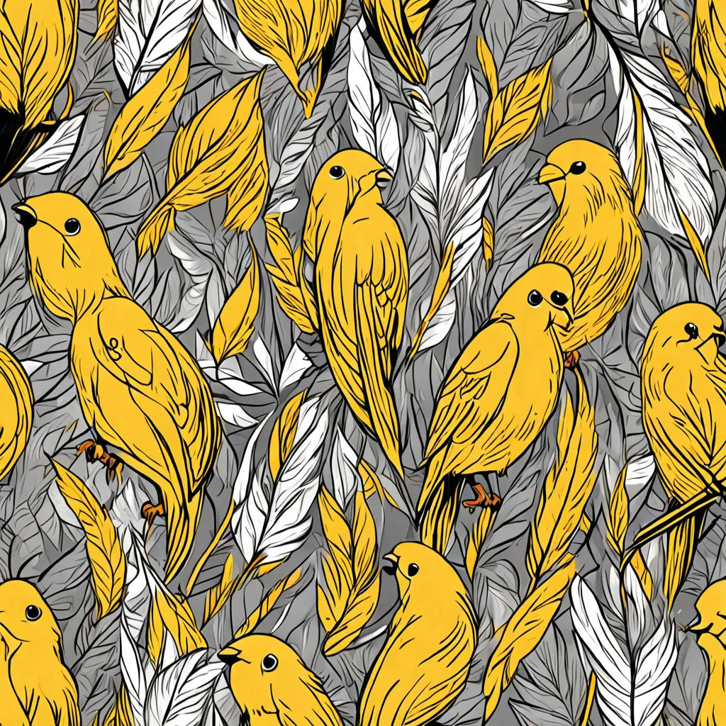 a group of yellow birds sitting on top of leaves and plants in a field of leaves and plants,, generative art, a detailed drawing, Felicity Charlton, birds
