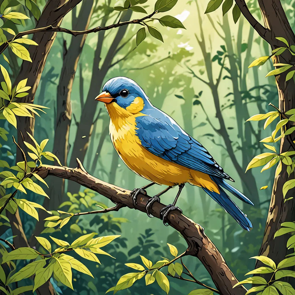 a bird sitting on a branch in a forest with green leaves and a bright yellow beak and blue body, american scene painting, a digital painting, Chris LaBrooy, birds