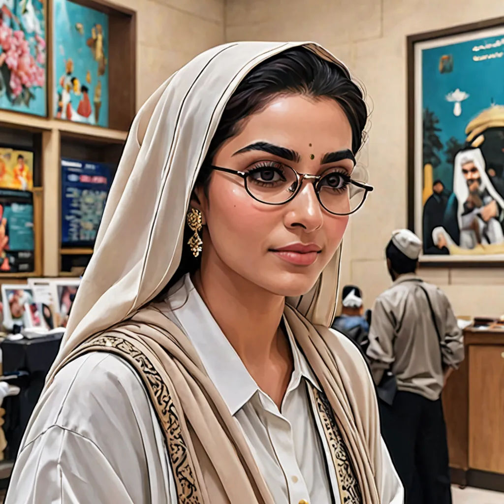a woman in a white shirt and a scarf and glasses in a room with a poster of a man, hyperrealism, a hyperrealistic painting, Ella Guru, extremely detailed oil painting