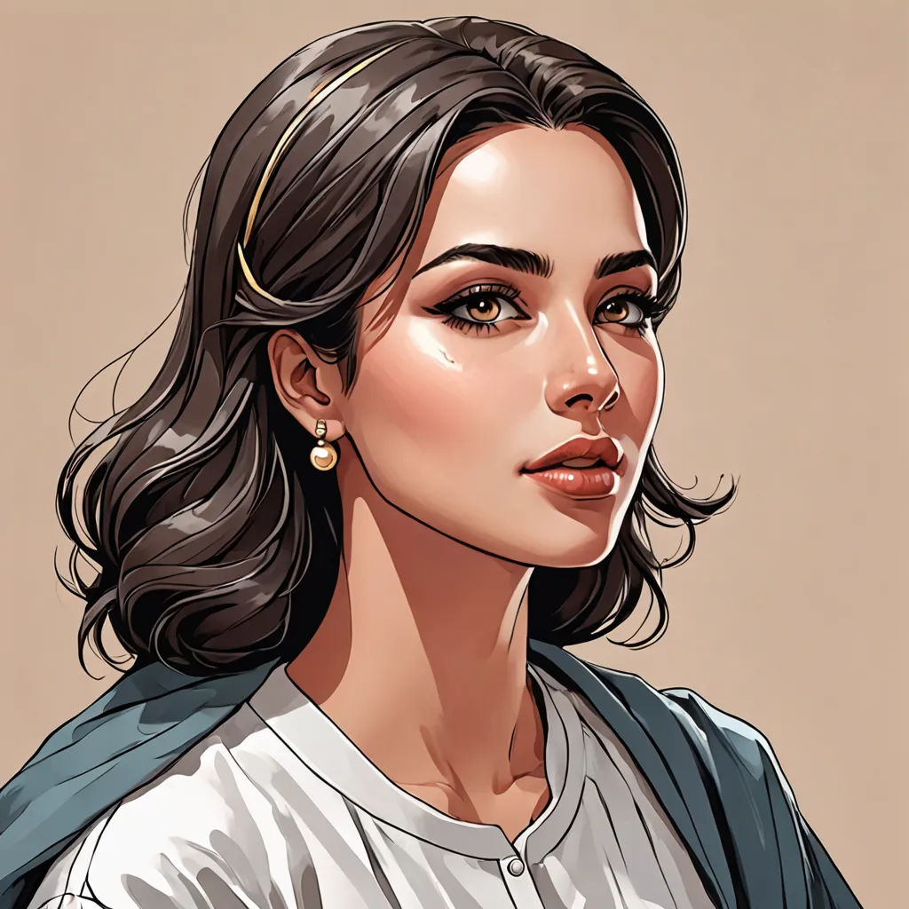 a woman with a white shirt and a blue jacket on her shoulders and a brown background with a brown background, sots art, a character portrait, Artgerm, detailed portrait