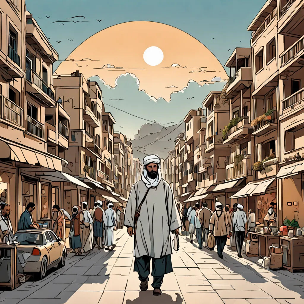 a man walking down a street in a city with people walking around it and a sun setting in the background, hurufiyya, a comic book panel, Asaf Hanuka, graphic novel