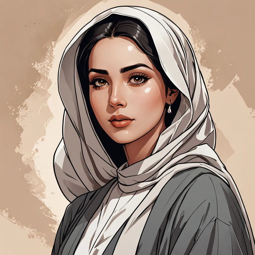 a woman with a scarf on her head and a scarf on her head, in a portrait style, with a brown background, qajar art, a character portrait, Charlie Bowater, fantasy character portrait