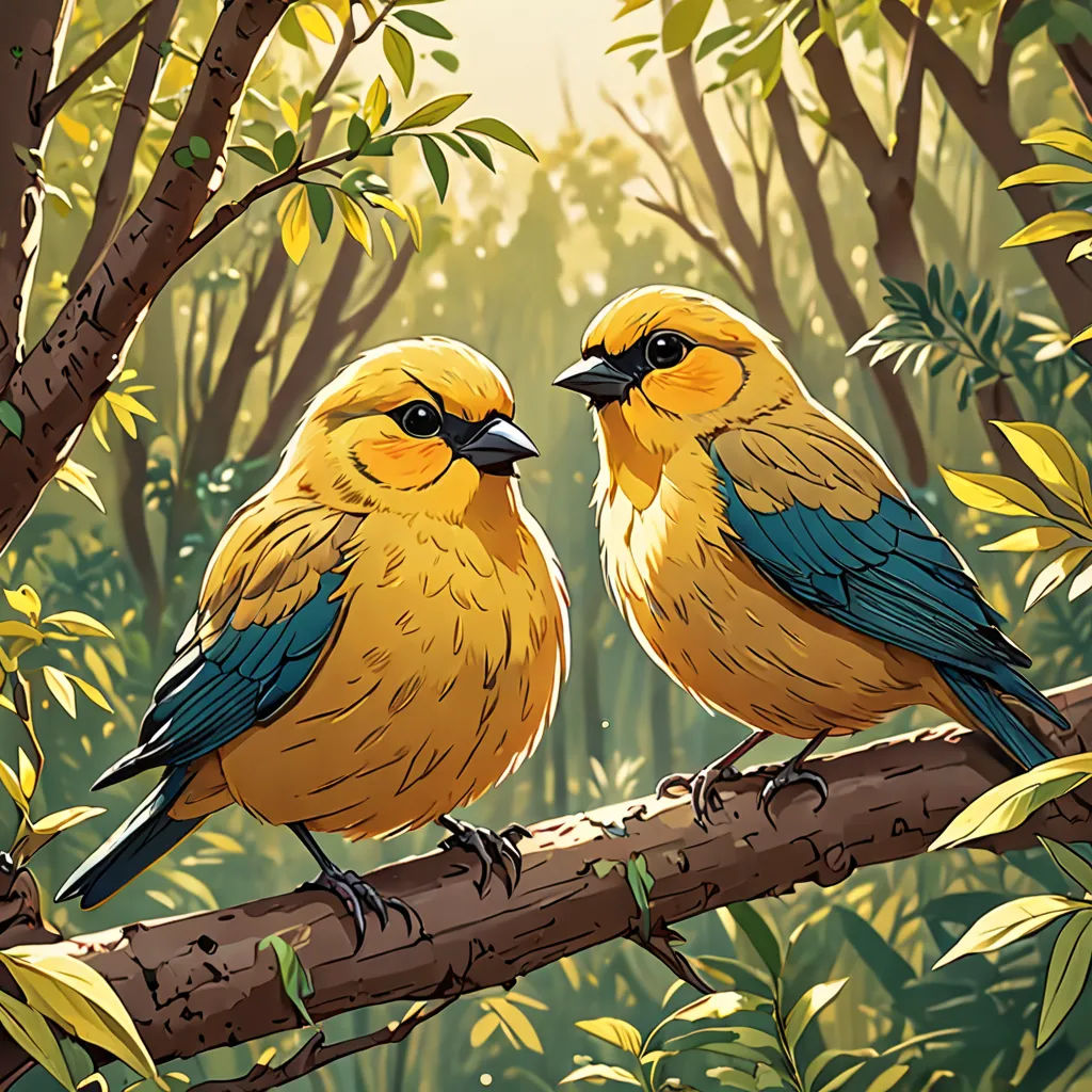 two birds sitting on a branch in a forest with trees and leaves in the background, one of them is yellow and the other is blue, american scene painting, a storybook illustration, Chris LaBrooy, birds