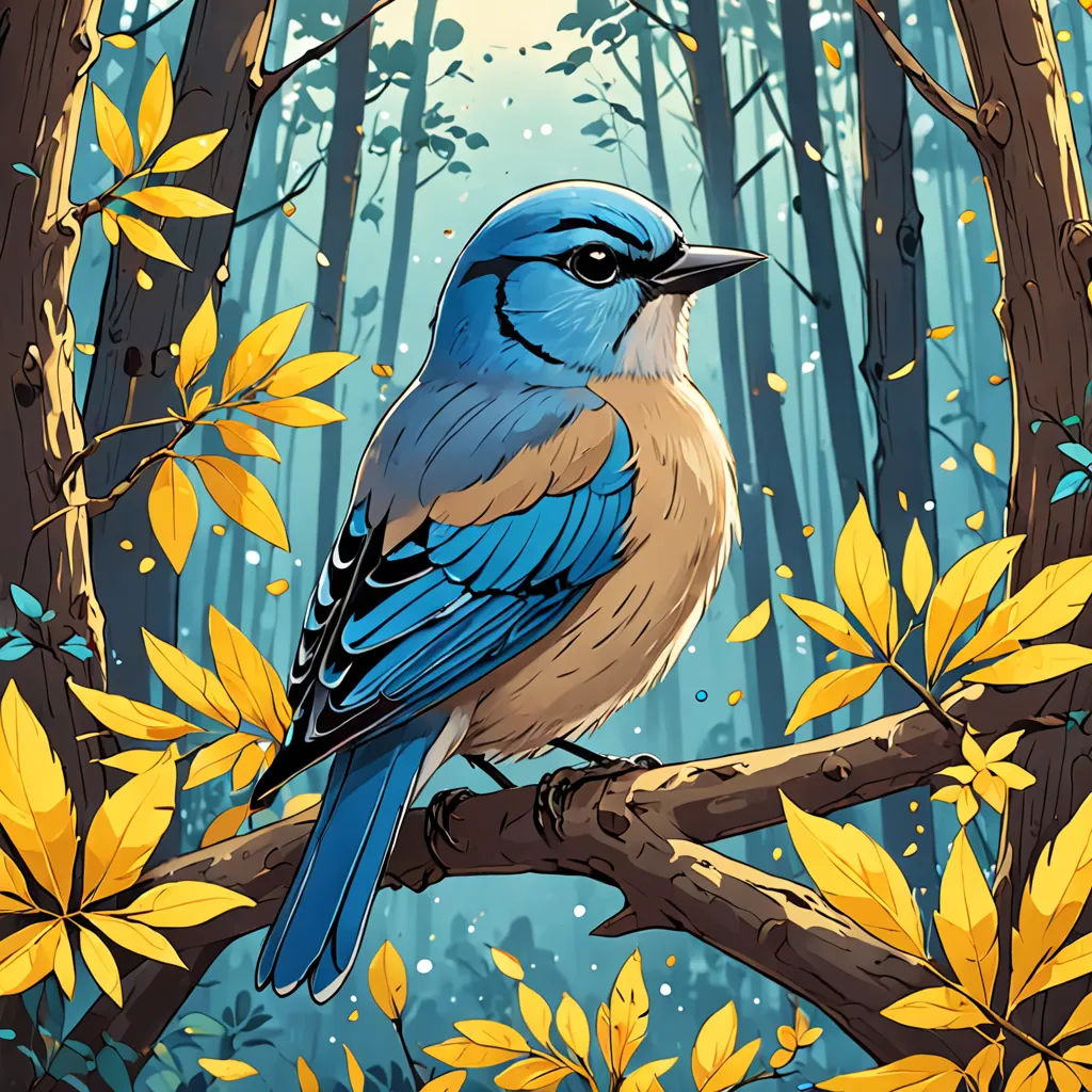 a blue bird sitting on a branch in a forest with yellow leaves on the ground and a full moon in the sky, fantasy art, a storybook illustration, Dan Mumford, josan gonzales and dan mumford