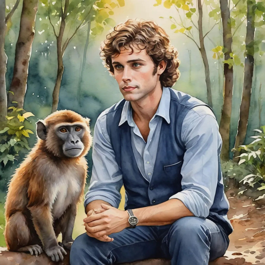 a painting of a man sitting next to a monkey in the woods with trees in the background and a forest scene behind him, figurative art, a fine art painting, F Scott Hess, official art