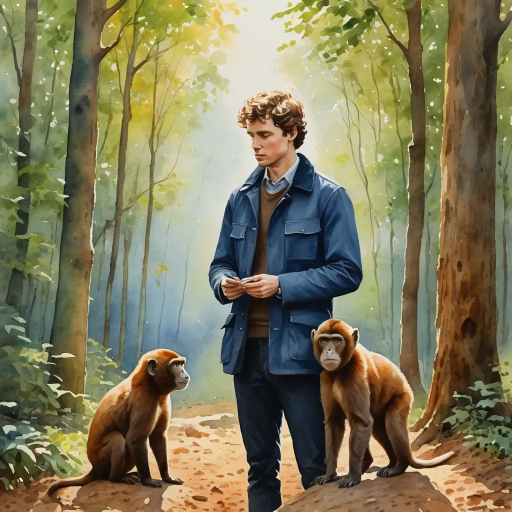 a painting of a man standing in the woods with two monkeys on his shoulders and a monkey on his shoulder, figurative art, an oil on canvas painting, David Park, official art