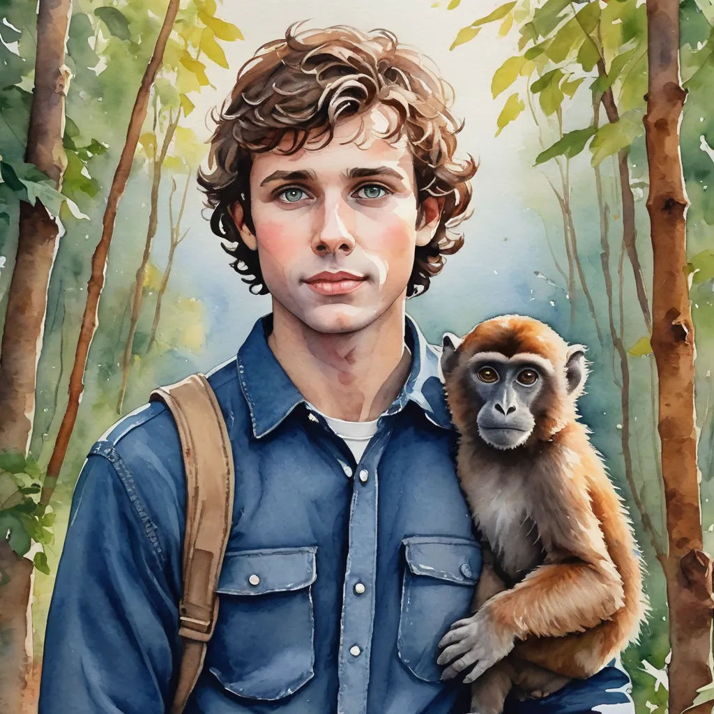 a painting of a man holding a monkey in a forest with trees in the background and a sky background, primitivism, a watercolor painting, Aaron Jasinski, in gouache detailed paintings