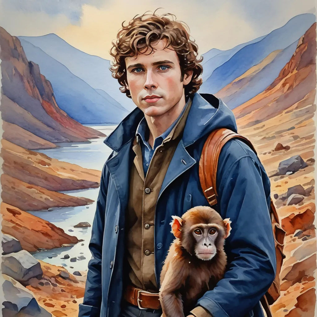 a painting of a man holding a monkey in his arms and a mountain landscape in the background with a river and mountains, figurative art, an oil on canvas painting, Colin Middleton, extremely detailed oil painting