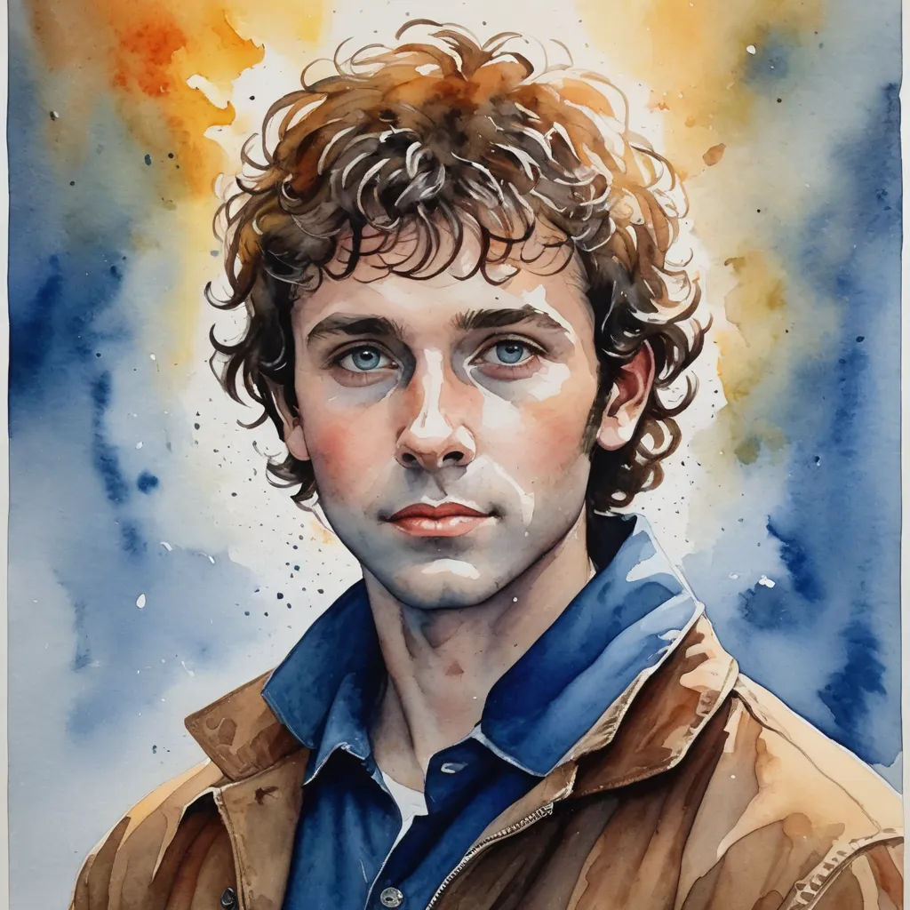 a painting of a man with curly hair and blue eyes wearing a brown jacket and blue shirt with a yellow and orange background, figurative art, a watercolor painting, Andrew Henderson, watercolor