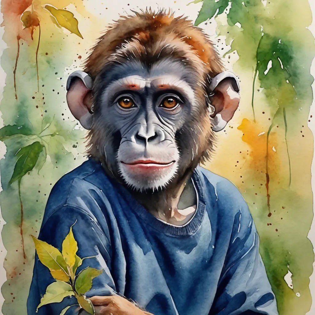 a monkey with a blue shirt holding a plant in his hand and a painting of a man in the background, figurative art, a watercolor painting, Alex Petruk APe, watercolor