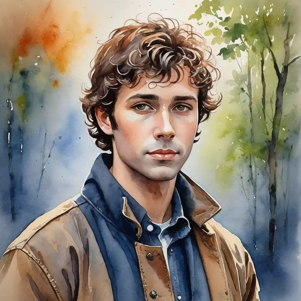 a painting of a man with curly hair and a blue shirt and brown jacket, with trees in the background, figurative art, a watercolor painting, David Brewster, photorealistic portrait