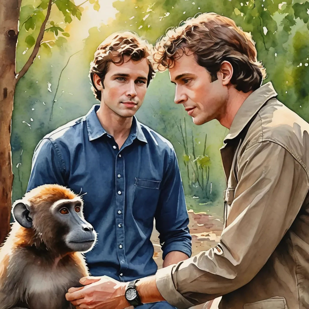 two men are holding a monkey in a forest with trees in the background and a painting of them in the foreground, naturalism, a painting, F Scott Hess, official art