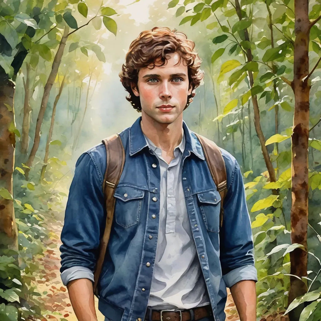 a painting of a man in a blue shirt and jeans in a forest with trees and leaves on the ground, figurative art, a photorealistic painting, Aaron Jasinski, extremely detailed oil painting