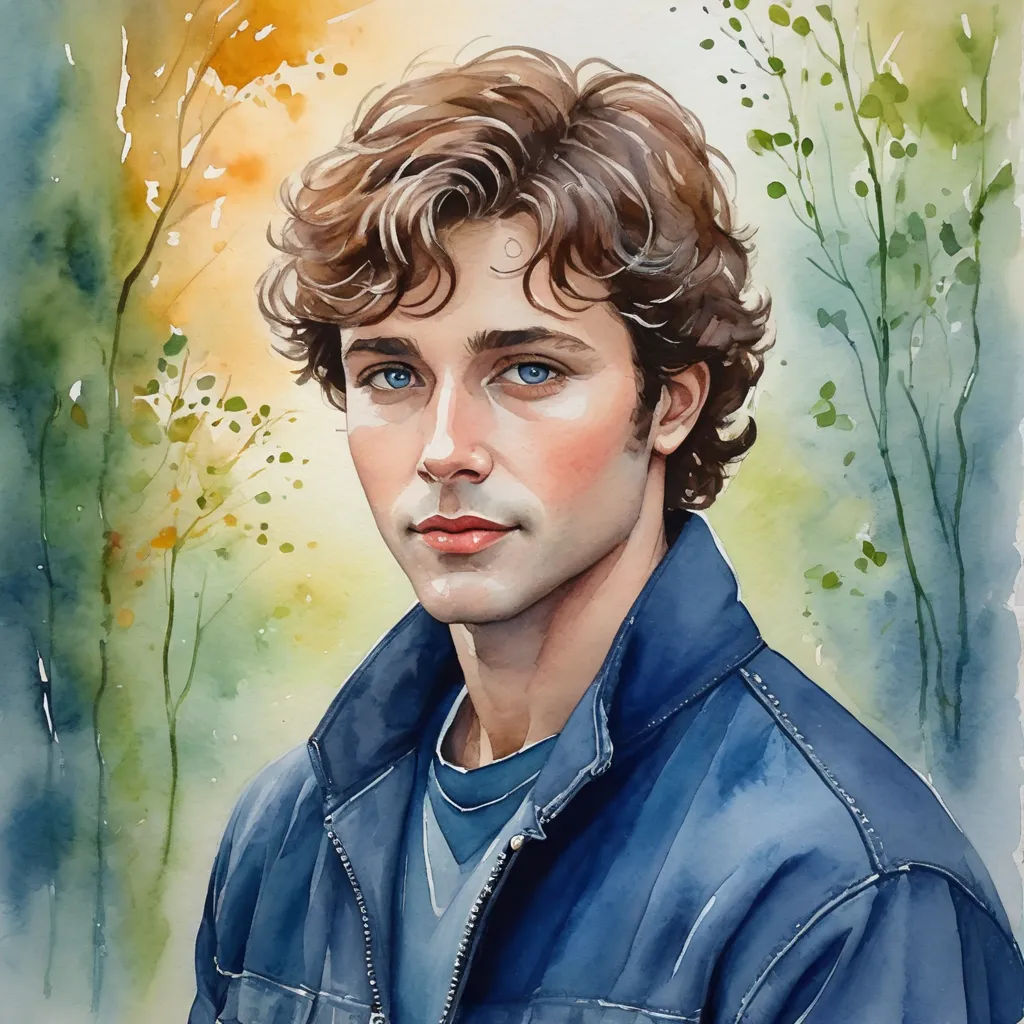 a painting of a man with curly hair and blue shirt on a green background with trees and leaves behind him, figurative art, a watercolor painting, Cedric Seaut (Keos Masons), watercolor