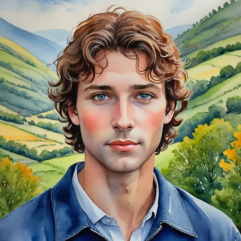a painting of a man with a blue shirt and a mountain in the background with trees and bushes on the side, pre-raphaelitism, a photorealistic painting, Andrew Henderson, pre - raphaelite