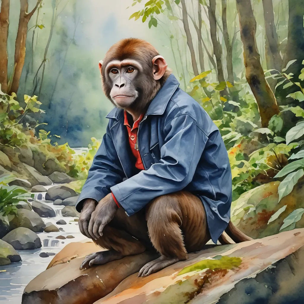 a painting of a monkey sitting on a rock in the woods with a man in a blue jacket and red shirt, figurative art, a fine art painting, Eddie Mendoza, highly detailed oil painting