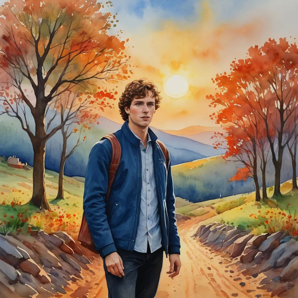 a painting of a man walking down a dirt road in front of a sunset and trees with leaves on it, american scene painting, a detailed painting, David Brewster, promotional image