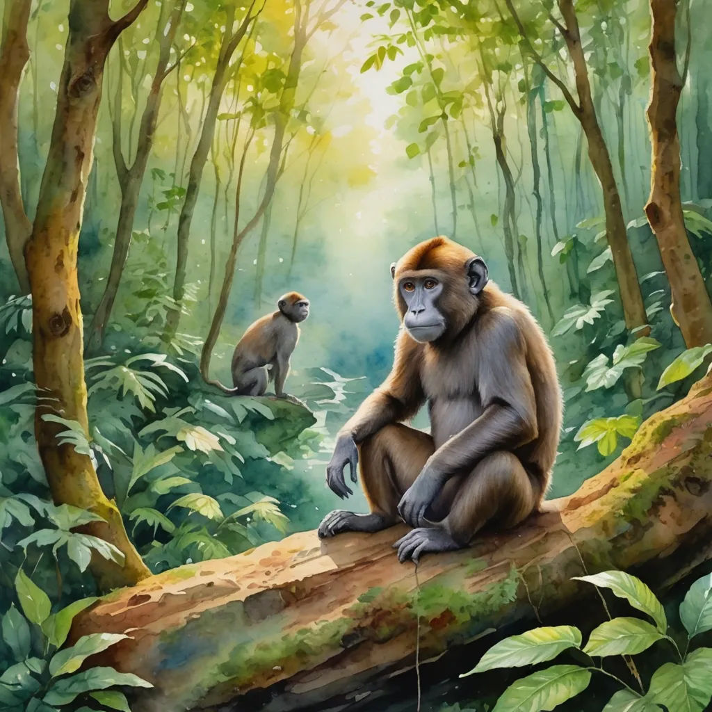a painting of a monkey sitting on a log in the forest with another monkey in the background looking at him, sumatraism, a watercolor painting, Alex Petruk APe, in gouache detailed paintings