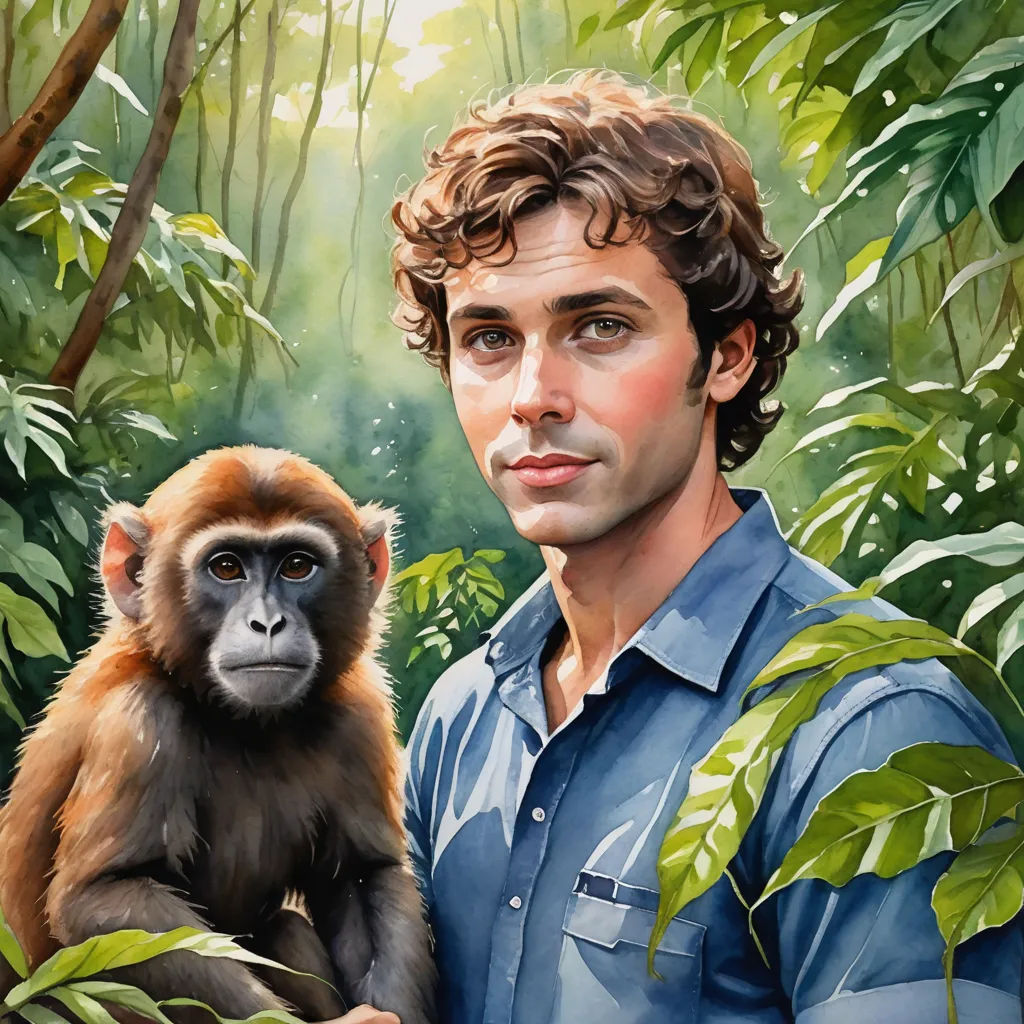 a man holding a monkey in a jungle with trees and plants behind him and a painting of a man in the background, primitivism, a photorealistic painting, Aaron Jasinski, promotional image