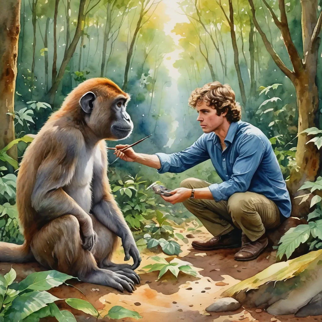 a man kneeling down next to a monkey in the forest with a cigarette in his mouth and a cigarette in his mouth, primitivism, an illustration of, Alex Petruk APe, official art