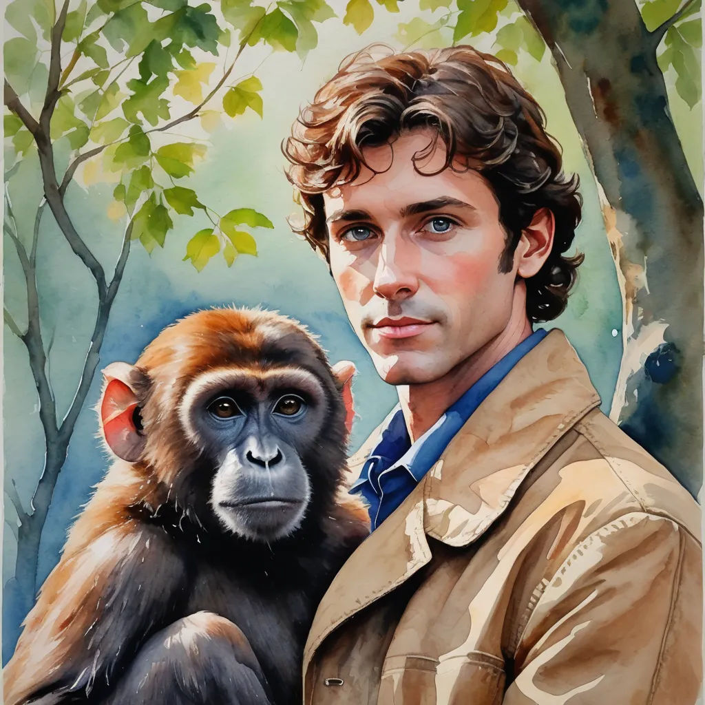 a painting of a man holding a monkey in his hand and a tree in the background with leaves on it, figurative art, a fine art painting, F Scott Hess, realistic portrait