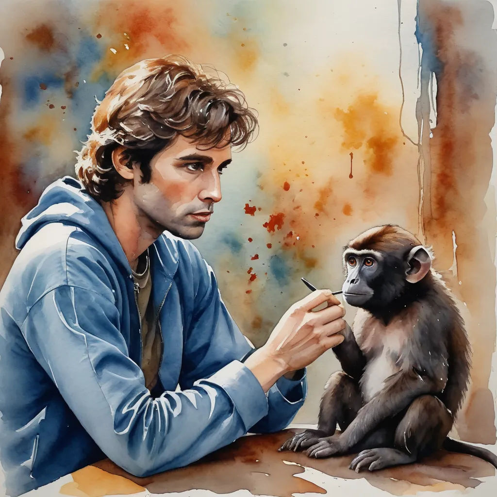a man is sitting next to a monkey and holding a cigarette in his hand and looking at it with a serious look on his face, figurative art, a watercolor painting, F. Scott Hess, award winning art