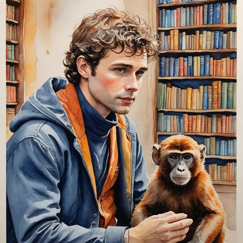 a painting of a man holding a monkey in front of a bookcase with books on it's shelves, academic art, a watercolor painting, Aaron Jasinski, in gouache detailed paintings
